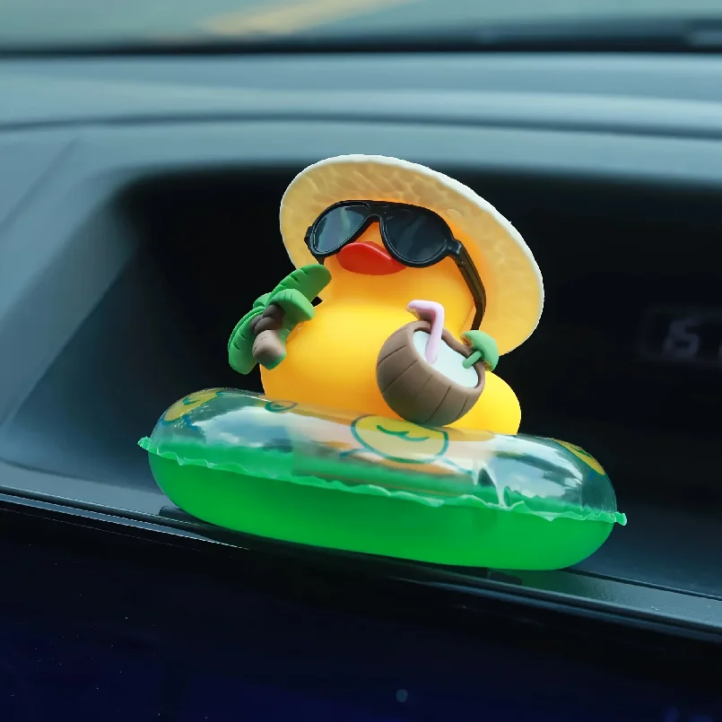A Summer Duck Cart DIY Decoration Featuring a Tropical Beach Dashboard Statue with Coconut and Green Buoy Rings