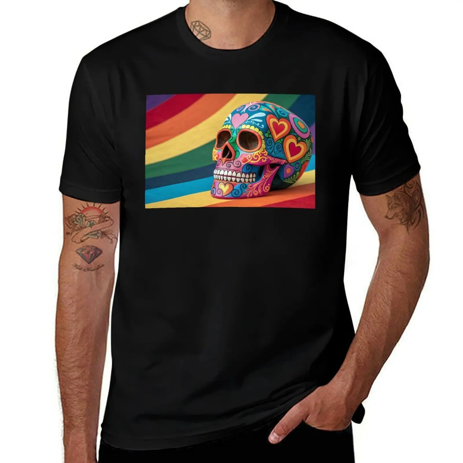

A vibrant, rainbow-colored sugar skull with intricate patterns T-Shirt new edition graphic shirts fitted t shirts for men