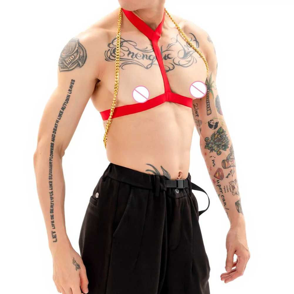 

Men's Exotic Tanks Chest Harness Halter Elastic Straps With Metal Chain Sexy Lingerie Man Tops Nightclub