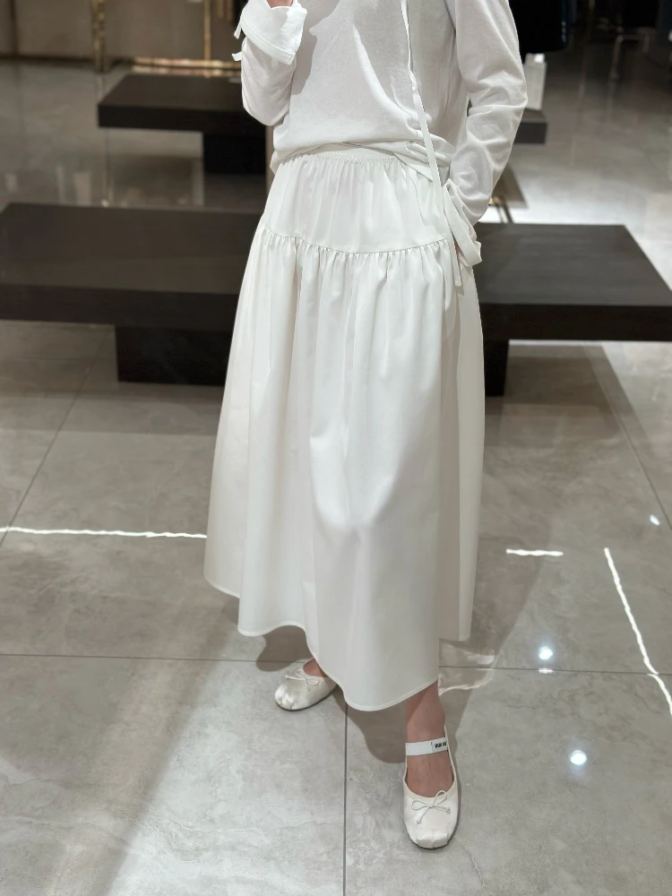 

White Elastic Waist Half Skirt Spring 2025 New Arrival A-Line Loose Fit High Waist Midi Pure Color Commute Style Women's Skirt
