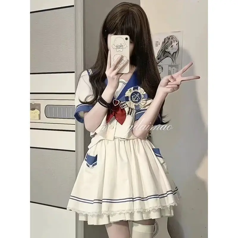 JK Uniform Plus Size S-8xl Girls Sailor Uniform Shirt Patchwork Ruffled Skirt Two-piece Set Women Can Be Wholesale