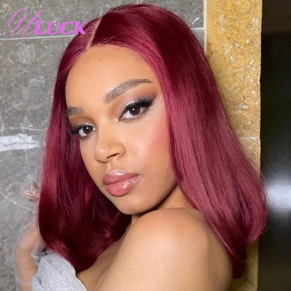 

Uluck Double Drawn Burgundy 99J Colored Straight Bob Wig 13x4 Lace Frontal Wigs 200% Density Brazilian Human Hair Wig Preplucked