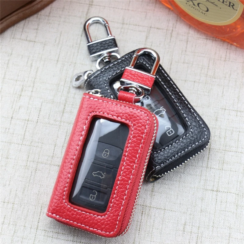 Universal Pu Leather Car Key Cover Transparent Visible Zipper Case Bag Keychain For Car Mini Keys Bags With Lock Shape Hook