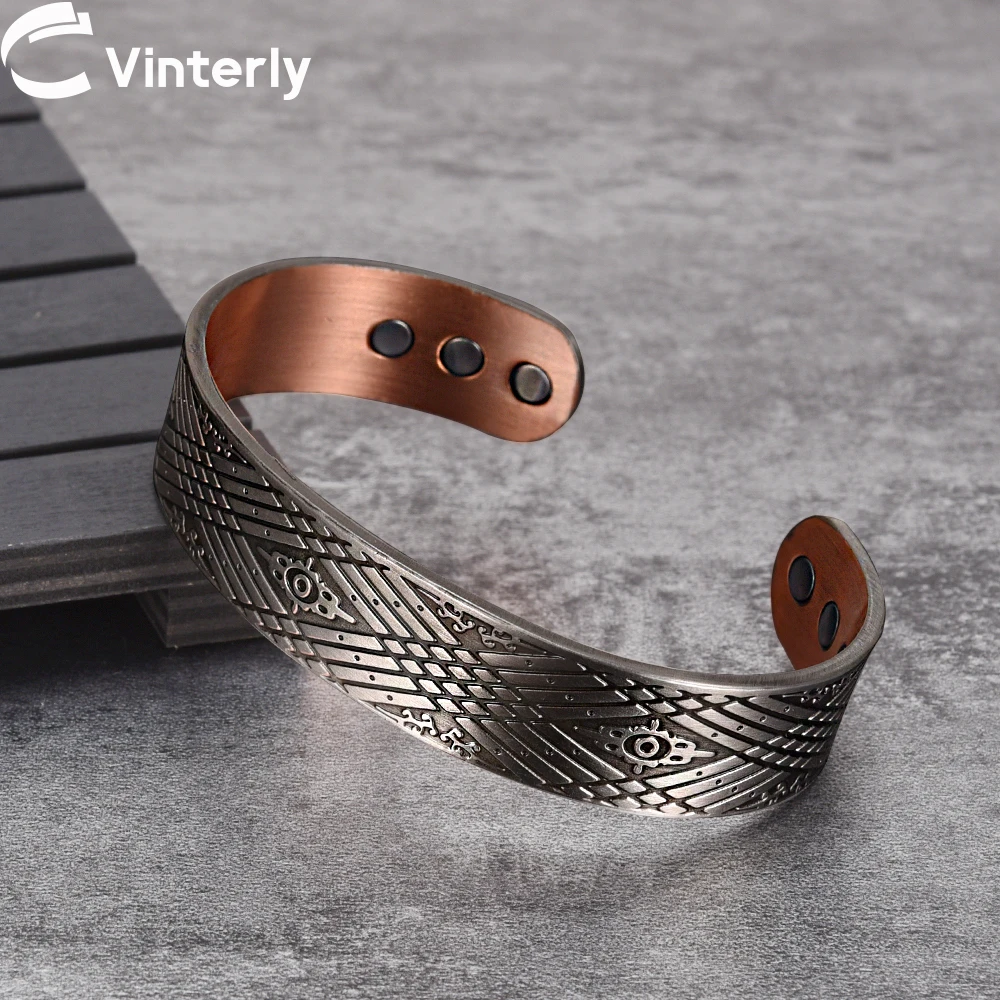 Solid Copper Bracelet Men Magnetic Therapy 15mm Adjustable Cuff Vintage Wristband Bangle Arthritis Relief Energy Magnets Jewelry