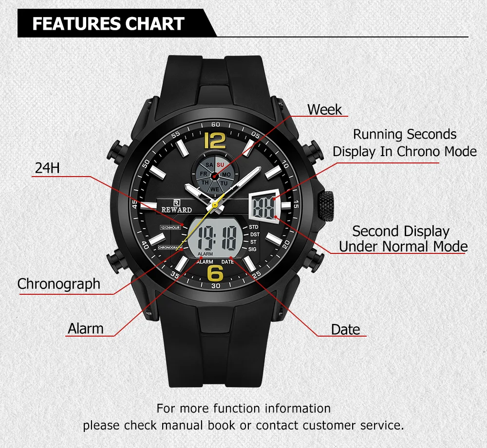 REWARD montre digitale homme quartz multifonction date chronomètre bracelet silicone étanche montre digitale sport fashion homme