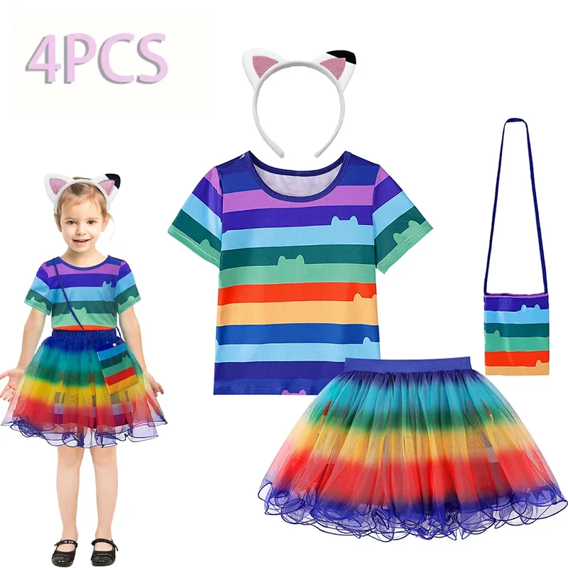 

Girls Gabby Dollhouse Dress Up Outfit Rainbow Striped Short Sleeve Tee+Mesh Tutu Skirt For Halloween Carnival Birthday Party