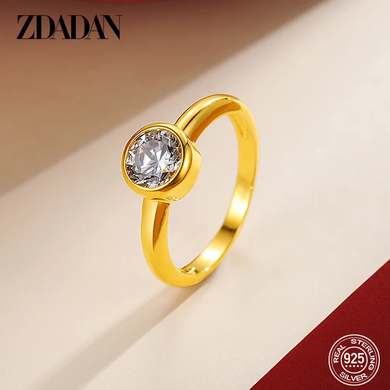 ZDADAN 925 Silber 18K Gold runder Zirkon-Ring für Damen und Mädchen, modischer Hochzeitsschmuck