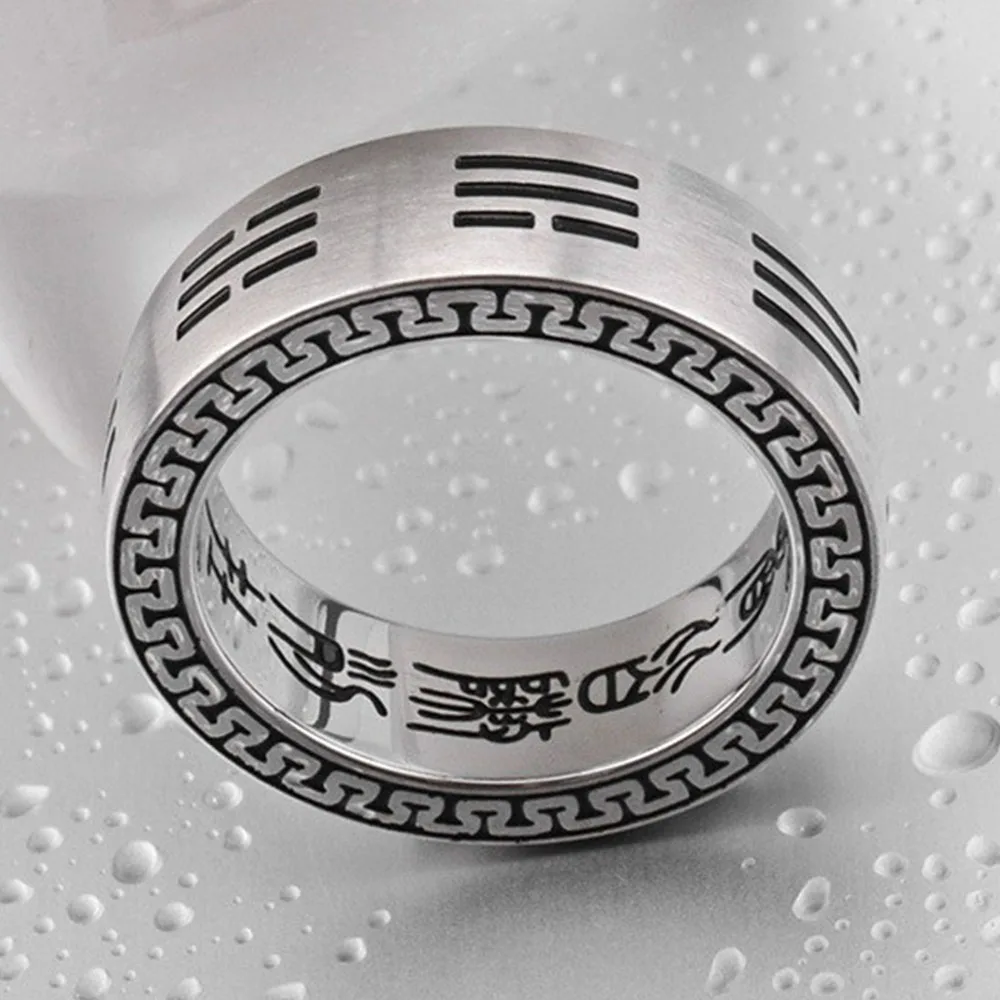 Vintage Titanium Steel Nine-character Mantra Ring Chinese Style Taoist Bagua Finger Rings Hand Jewelry