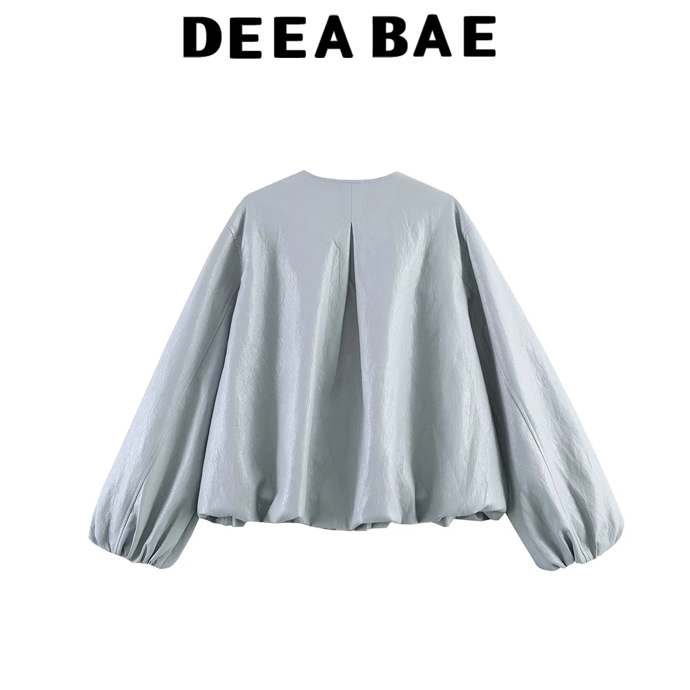 DEEABAE Xiaxin women's long sleeved round neck pleated faux leather balloon jacket with fluffy decorative layer short jacket