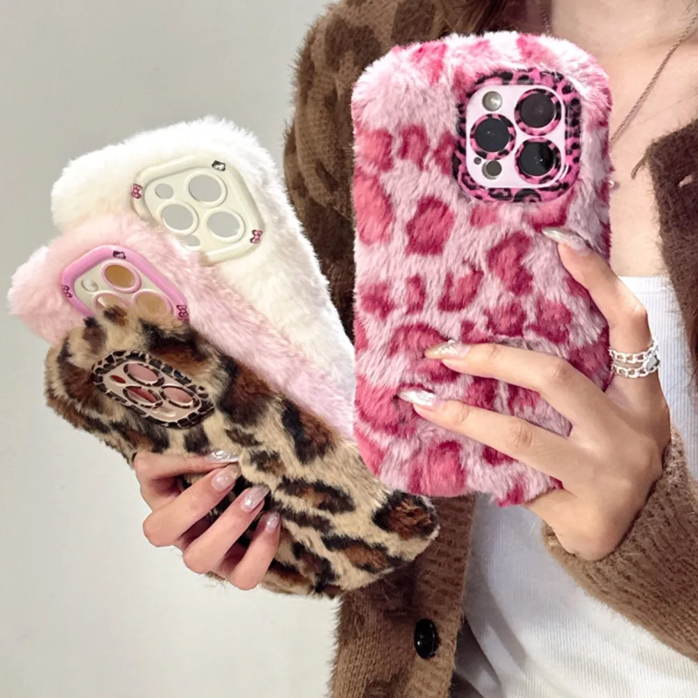 For Samsung Galaxy S23 S24 Plus Ultra A14 A15 A35 A55 A05S Plush Embroidered Leopard Print Phone Case Hole Lens Holder Case