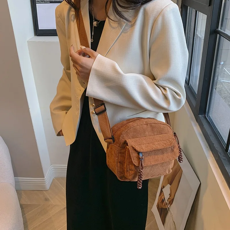 

Corduroy New Fashionable Solid Color Casual Cloth Bag, Campus Style, Girls' Shoulder and Crossbody Bag