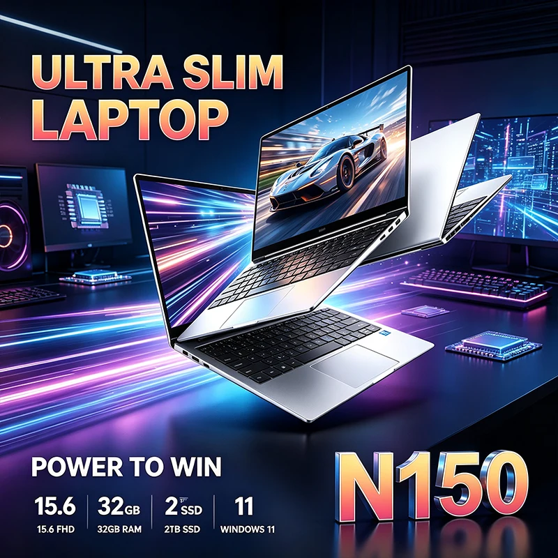 Laptop ultrafino de 15,6 polegadas, processador Intel N150, ecrã IPS FHD de 120 Hz, 32 GB de RAM, 2 TB de armazenamento, teclado retroiluminado, Windows 11, bateria de longa duração, ideal para uso no escritório.