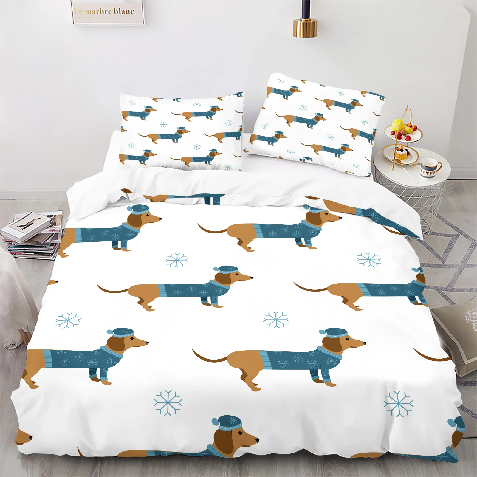 Cute Winter Dachshund Duvet Set with Blue Sweater Dogs & Snowflakes. Cozy White Bedding for Dog Lovers