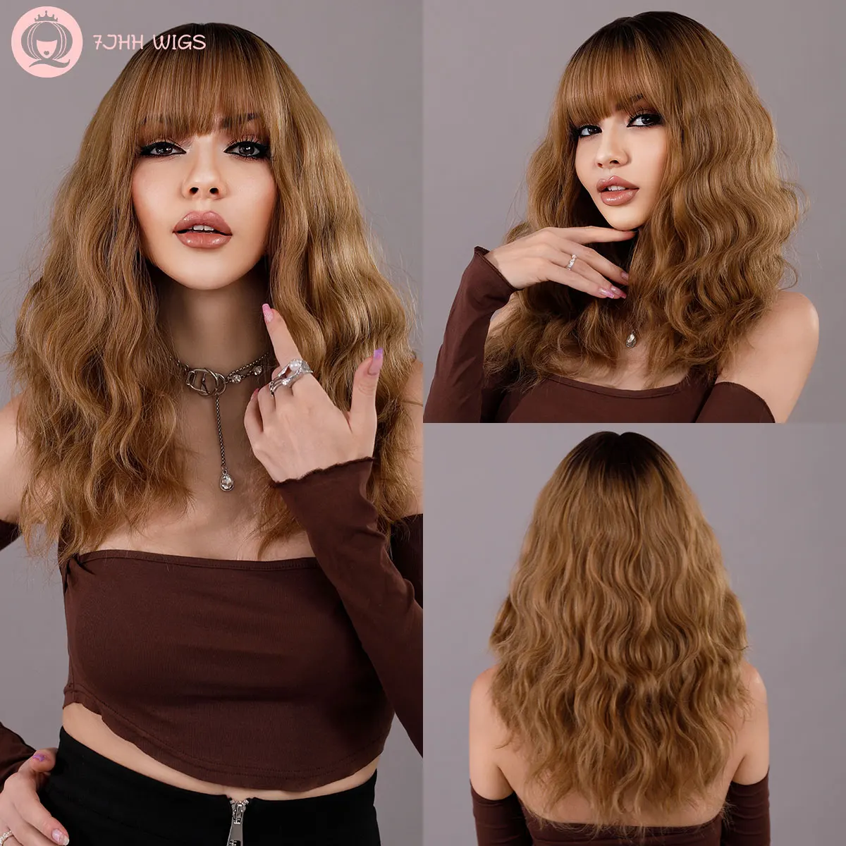 

7JHH WIGS Long Wavy Hair Wig Ombre Blonde Wig for Woman Daily Cosplay Natural Synthetic Wigs with Bangs Heat Resistant Fiber