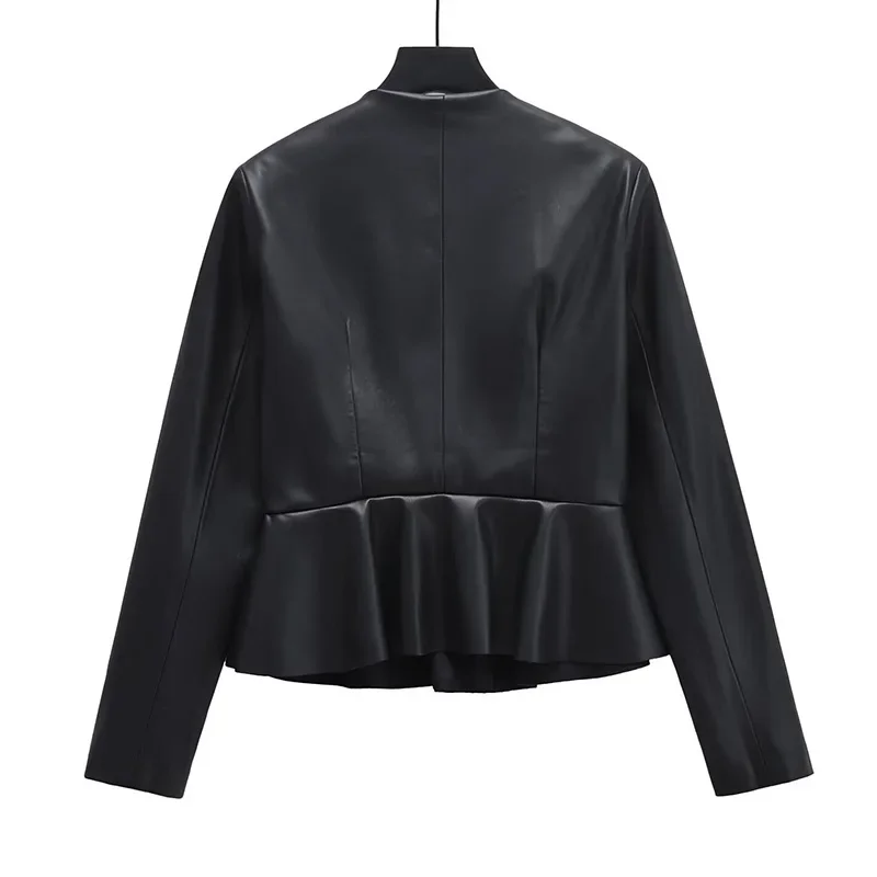 Manteau en similicuir à manches longues pour femmes, veste d'automne pour femmes, mode vintage, noir, col rond, pardessus en PU, vêtements en Y décontractés pour femmes