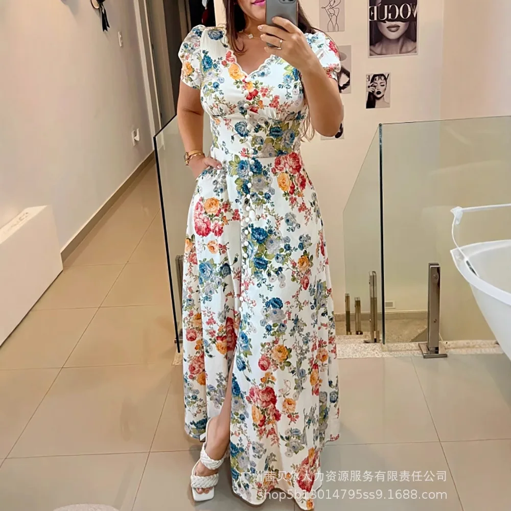 

Floral Print Dresses Women V Neck Short Sleeve Ankle Length Dress Maxi High Waist Casual Loose Y2k Streetwear Summer Vestidos