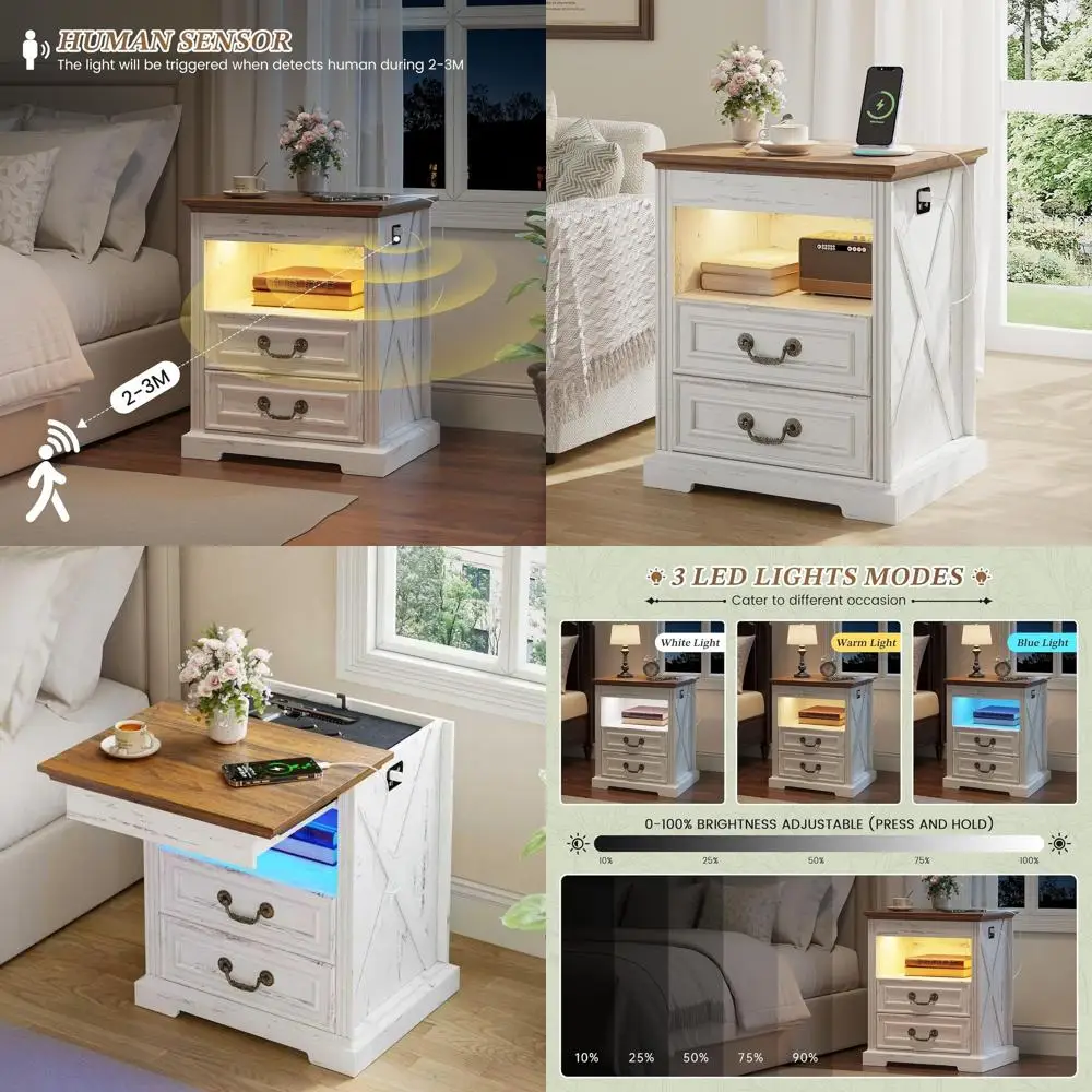 Mesita de noche con almacenamiento de armas, luz LED y sensor de movimiento, mesita de noche segura con 2 cajones, mesa auxiliar de carga estilo granja, antigua