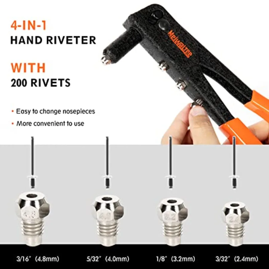 Meiwaltee Rivet Gun Professional Pop Rivet Gun Kit with 200Pcs Rivets in 3 32'1 8'5 32'3 16' Sizes Heavy Duty Hand Riveter Tool