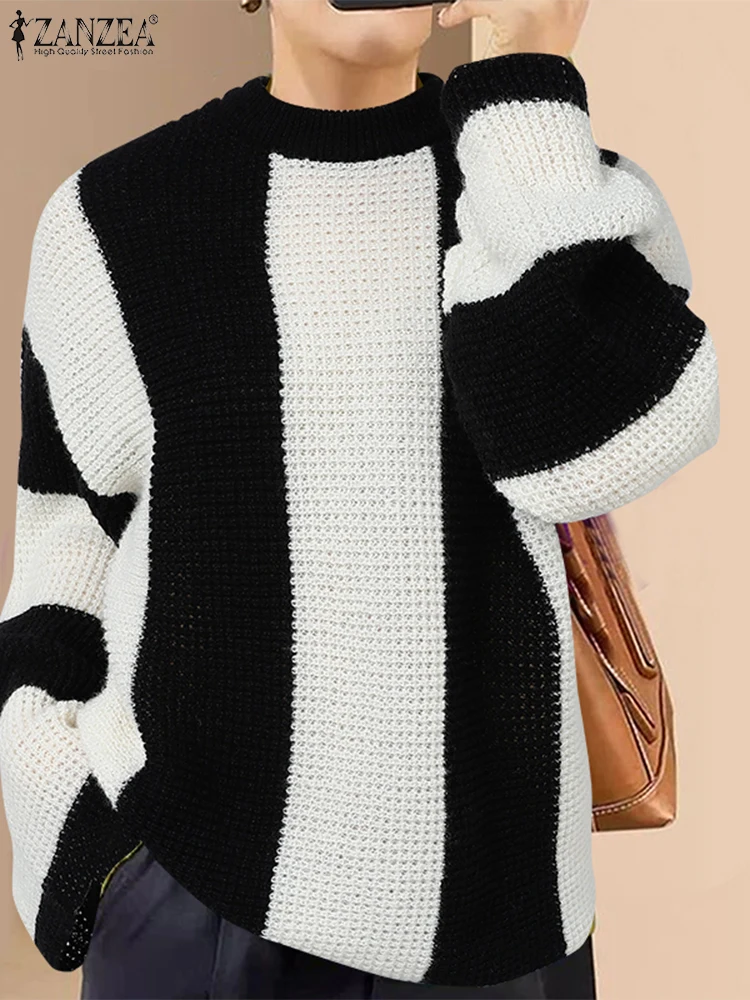 

ZANZEA Women Autumn Pullover Sweaters 2025 Fashion Flare Long Sleeve Winter Striped Jumpers OL Work Kintted Sweaters Streetwear