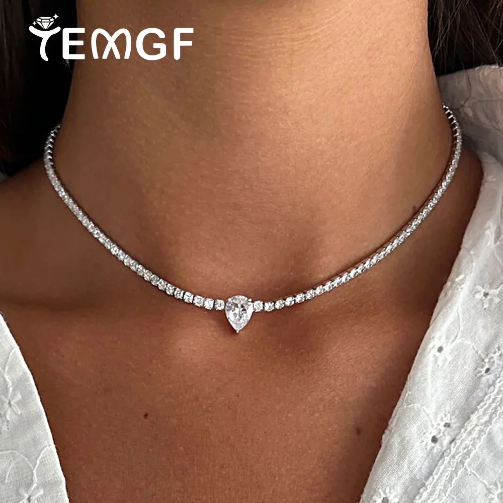 1Carat Waterdrop Pendant 2mm Moissanite Tennis Necklace for Women 925 Sterling Silver Riviera Choker Necklaces Wedding Jewelry