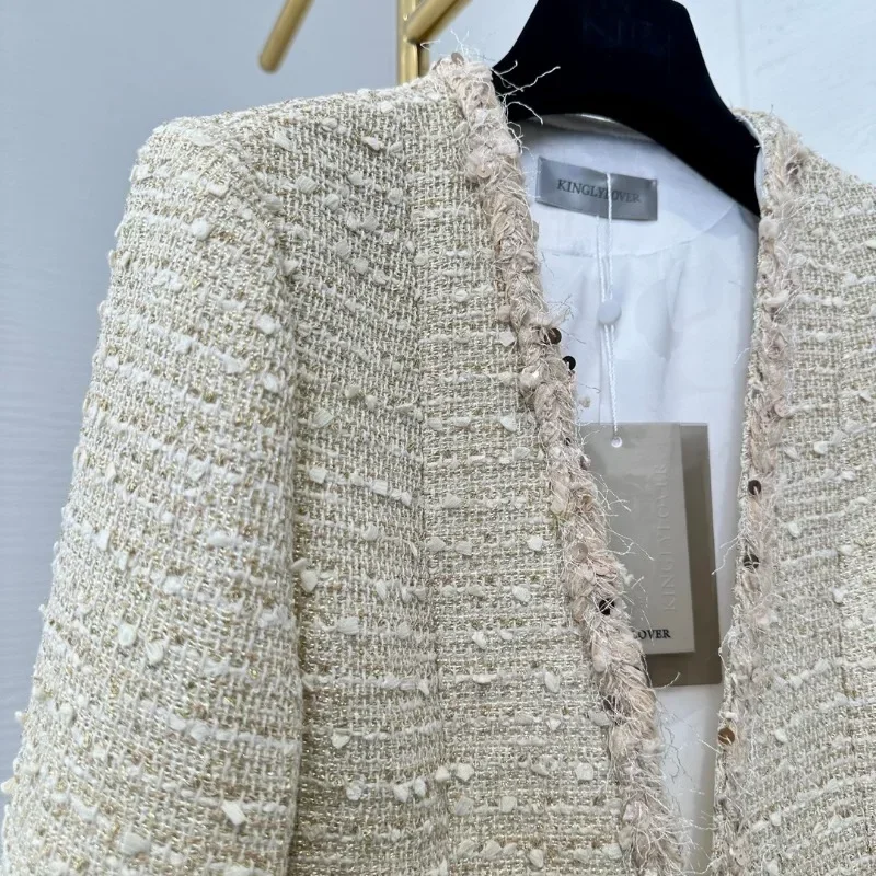 Kinglylover, nueva chaqueta de manga larga con lentejuelas de Tweed Beige Pastoral de diseño exquisito para mujer de alta calidad 2024