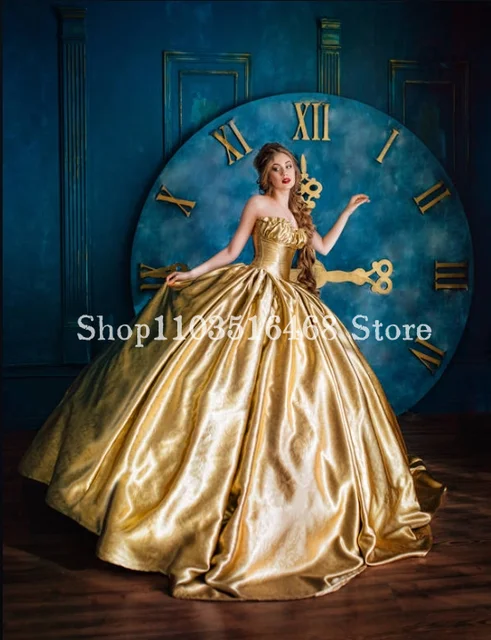 Gold puffy prom dress hotsell