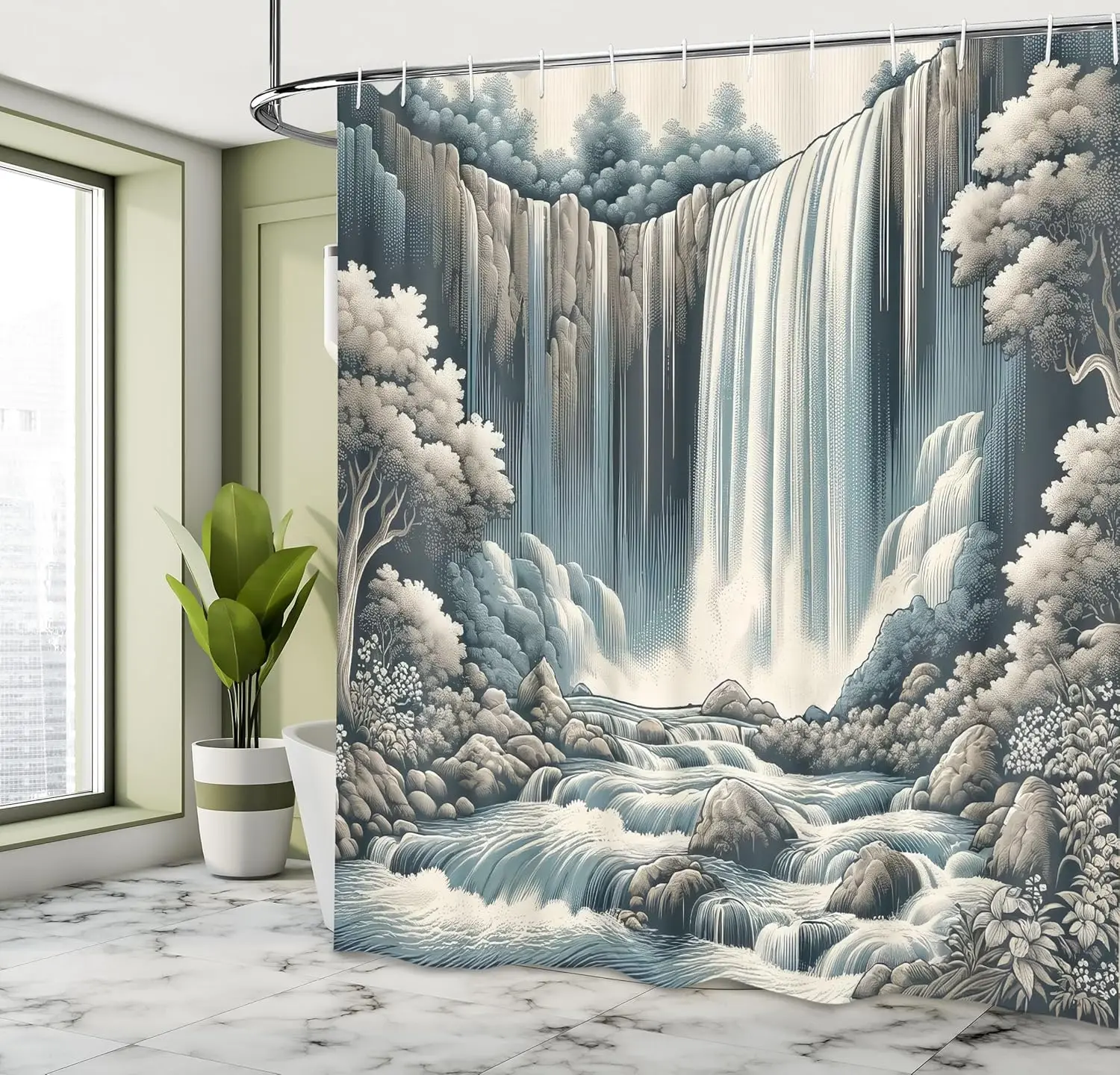Landscape Shower Curtain, Expressive Nature Scene with Waterfall Forest Trees in Vintage Concept, Cloth Fabric Bathroom Decor