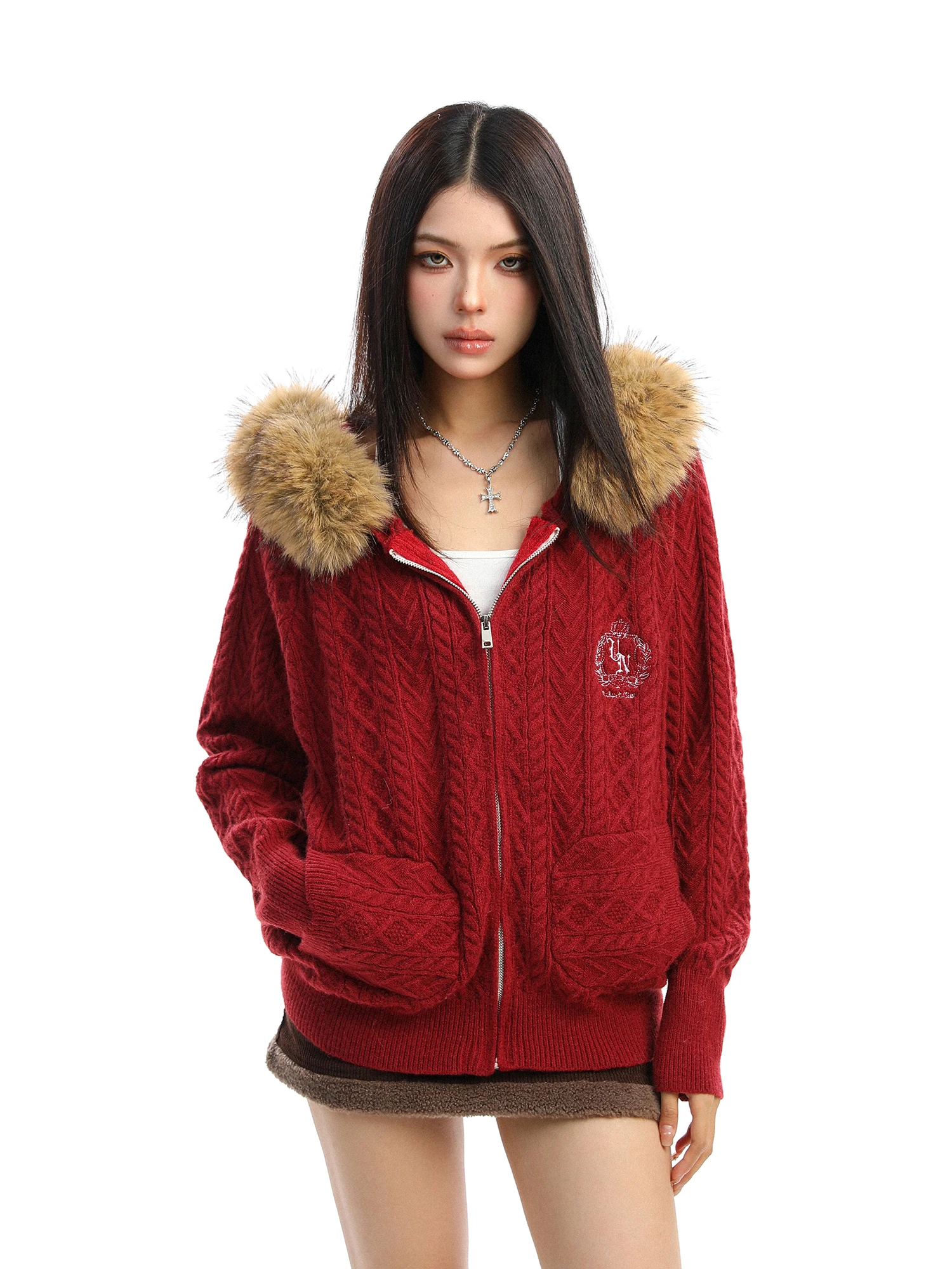 

Красный вязаный свитер-кардиган Cisas Theme для женщин: теплый, осенне-зимний, свободного кроя, с длинными рукавами, для повседневной носки