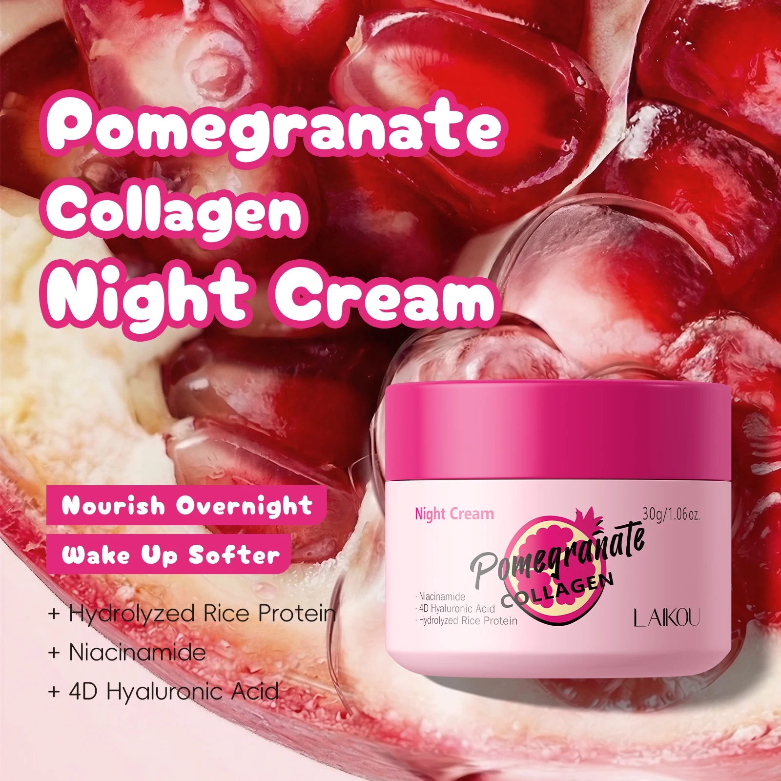 LAIKOU Pomegranate Collagen Night Cream 30g Locks in Moisture Firming Boost Elasticity Youthful Glowing Skin Care
