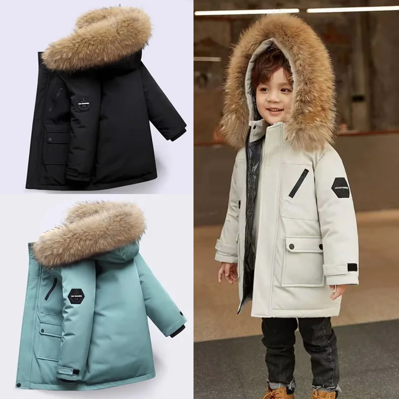 

Children Thickened Jackets Boys Winter Large Fur Collar Hooded Coat Kids Casual Warm Cotton Outerwear Teenager Fashion Overcoat