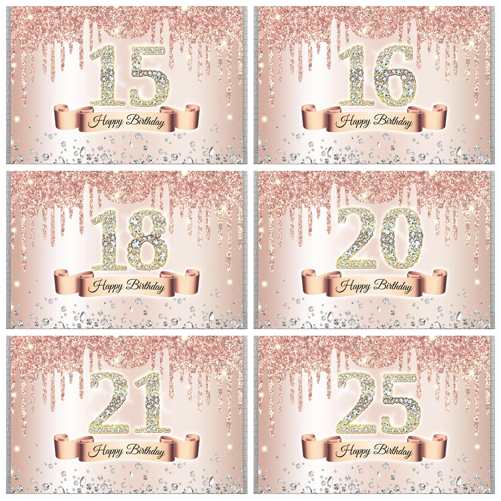 

Rose Golden Adult Party Photo Background Happy Birthday 18th Glitter Diamond Girl Birthday Custom Decor Backdrop for Photography