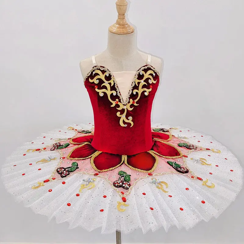 

Girls' Professional Cherry Embroidered Ballet Tutu Dress - Red Velvet Bodice with Gold Trim & Layered Tulle Skirt for Stage Perf