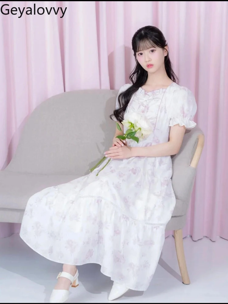 

Japanese Summer 2025 New Sweet Cute Girl Floral Printed Long Dress Bubble Short Sleeve High Waist Slimming Maxi Dresses