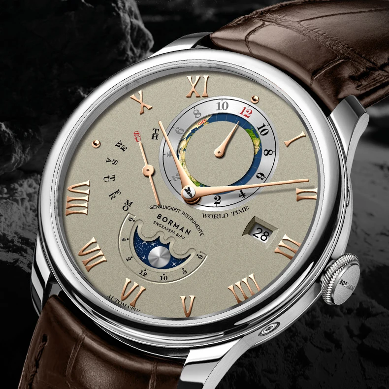 BORMAN 남성용 자동 시계 40mm 기계식 손목시계방수 사파이어 멀티 다이얼 월 주 날짜