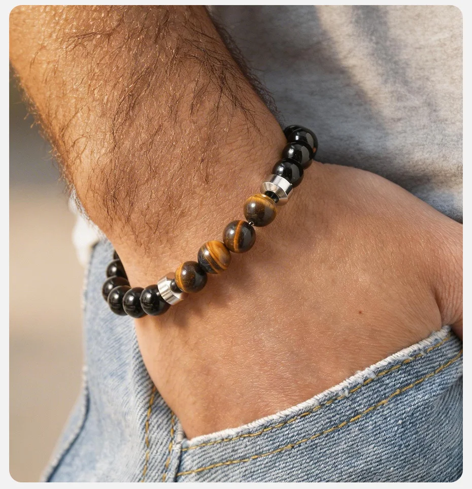 Vnox Tigerauge-Stein Perlenarmband für Männer, Edelstahl-Abstandhalter 8mm Perlen Verstellbares 19-22cm Armband Trendiger Schmuck Geschenk – Detail 3