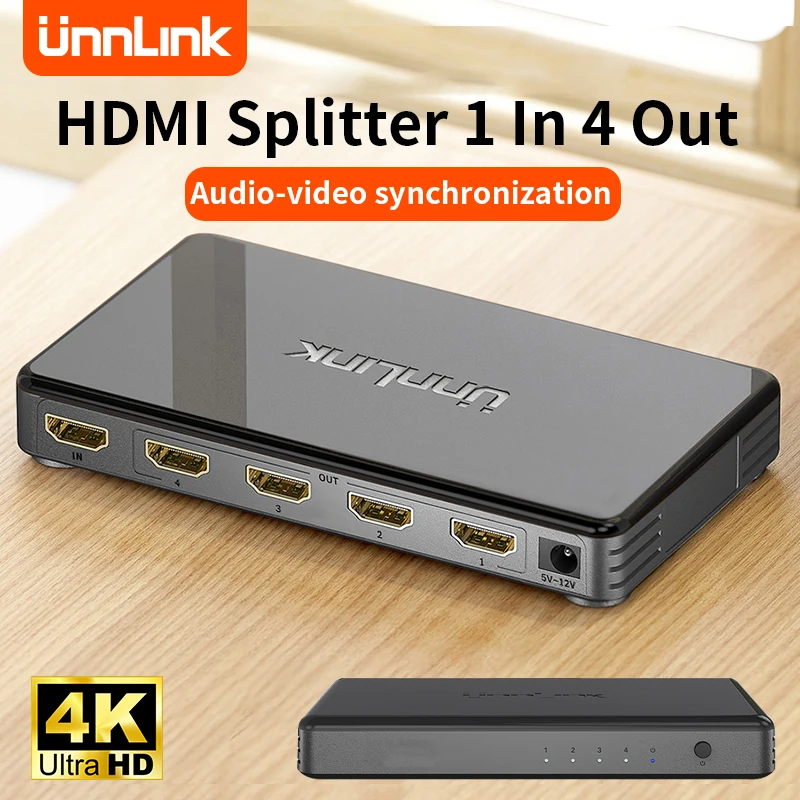 Unnlink HDMI Splitter 1x4 UHD 4K 30Hz FHD 1080P 60Hz 1 in 4 out Video Splitter Audio Sync For DVD PS3/4/5 Xbox Laptop Monitor