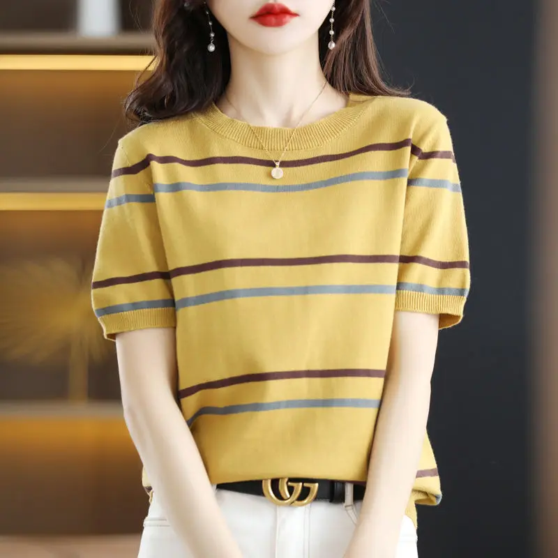 

Korean Fashion Summer New Ice Silk Women's O-Neck Striped Pacthwork Young Style Sweet Casual Loose Short Sleeve Knitting Tops