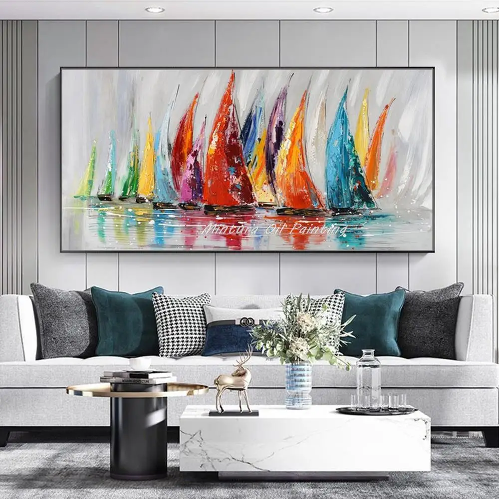 Mintura Large Size Handpainted Sailboat Oil Paintings on Canvas Modern Home Decoration Wall Art Abstract Picture For Living Room