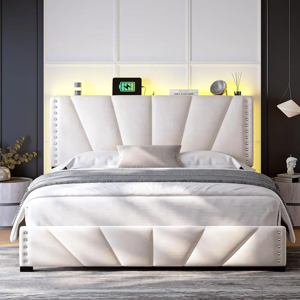 LED Bed Frame, Velvet Storage Headboard with Charging Station, Easy Assembly Bed Frame w/Sturdy Wooden Slats Support, Noise-Free