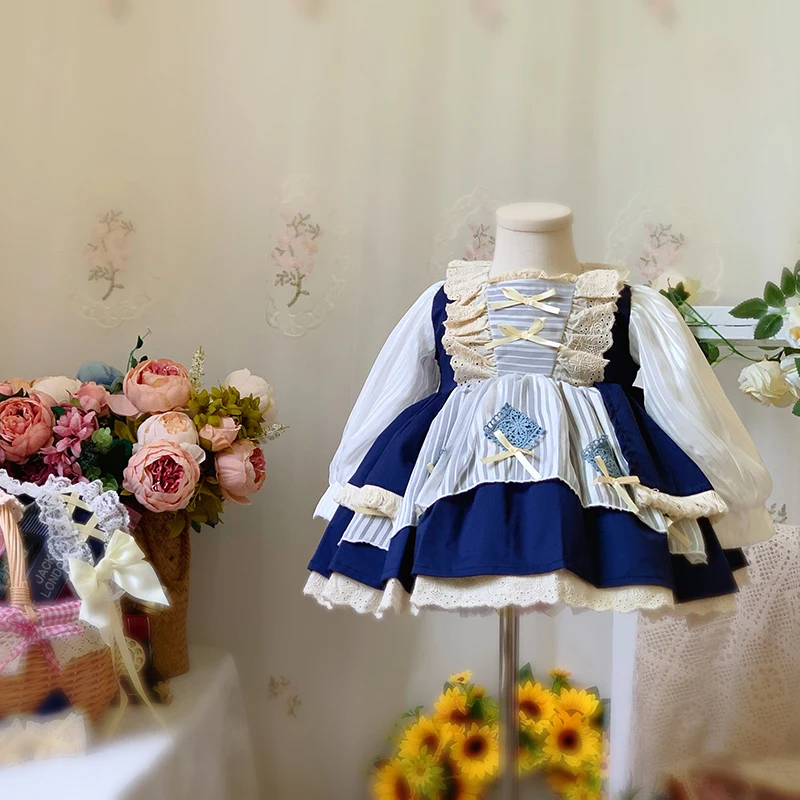 

Весеннее детское платье принцессы Лолиты с длинными рукавами, праздничное платье испанской принцессы, подарок на день рождения, платья с цветочным узором для девочек, платье Ид