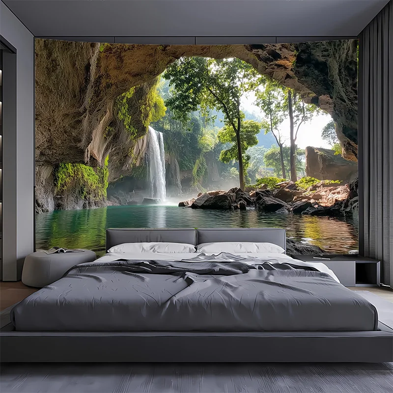 2D Flat  Large Tapestry Featuring Waterfall Scene In Forest Designed For Wall Decoration It Showcases Horizontal Natural Banner