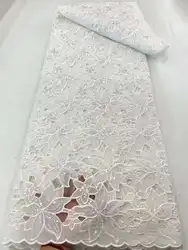 Tela de encaje de gasa nigeriana Africana blanca de alta calidad, bordado de tul francés con lentejuelas, 5 yardas para fiesta de boda, 2023