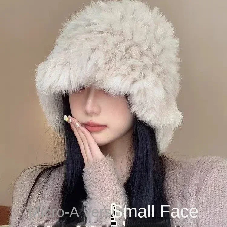 

Autumn and Winter Warm Real Rabbit Fur White Plush Hat Female Face Small Ear Protection Cloud Hat Fur Knitted Bucket Hat