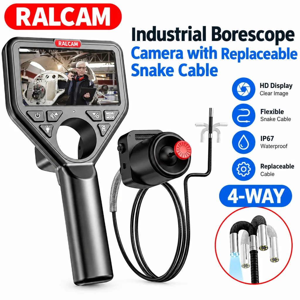 RALCAM 4‑Way 360° Rotatable Detachable Industrial Endoscope, 5 Inch 1080P IPSHD Camera for Pipeline & Home Appliance Inspection
