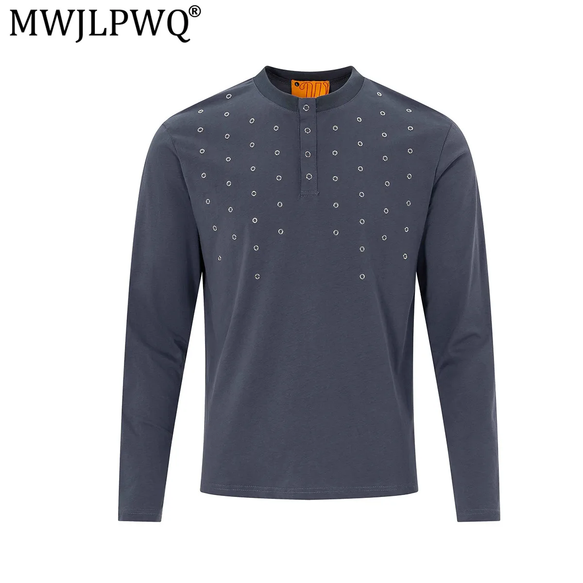 MWJLPWQ Metal Decorate Design Stylish T-Shirt Men's Street Unique Design Long Sleeve Tee American Retro Slim Fit Base Tops 20493