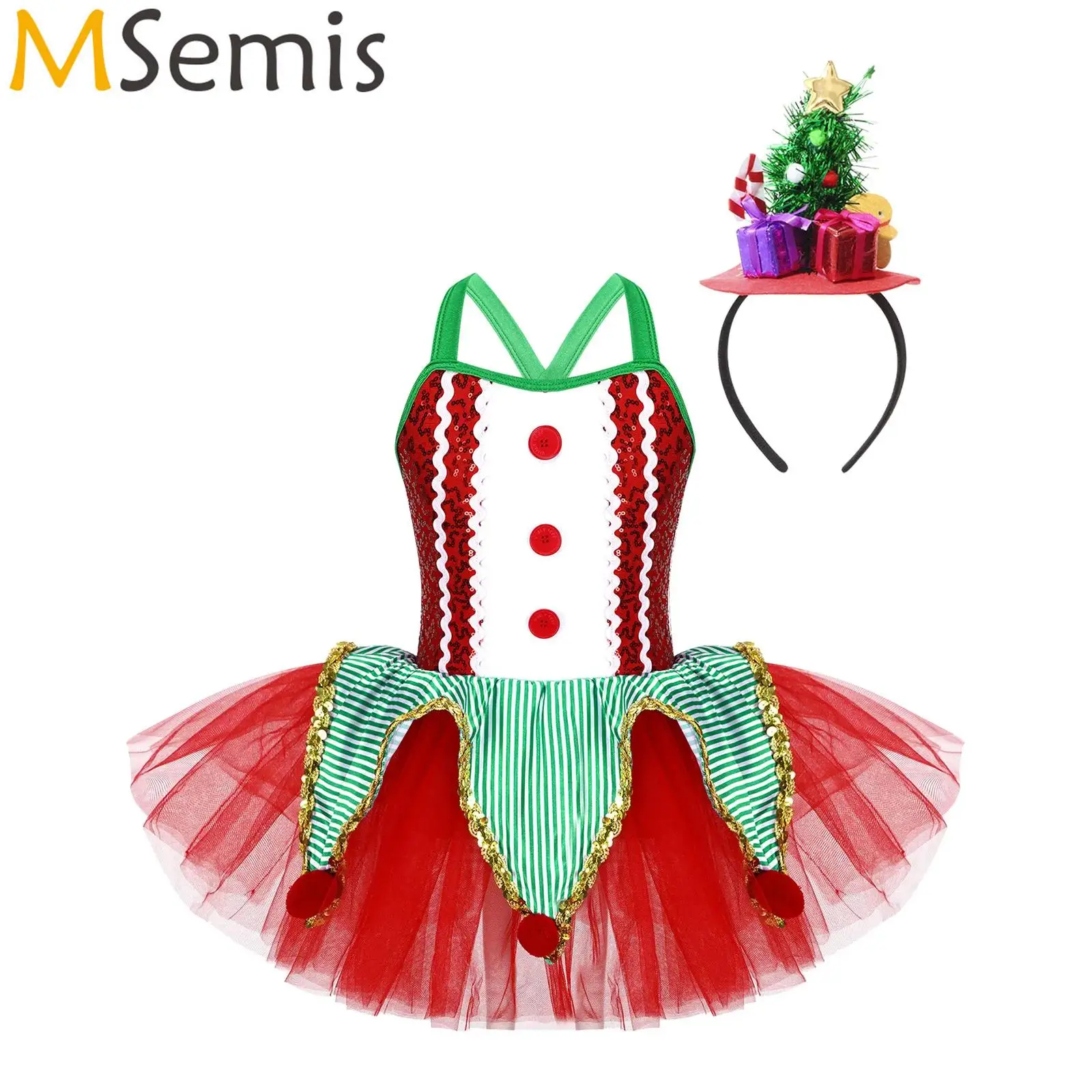 Vestido de malla con tutú de Ballet con volantes y bolas de felpa con lentejuelas para niñas, diadema con aro para el pelo, disfraz de actuación de fiesta de Navidad