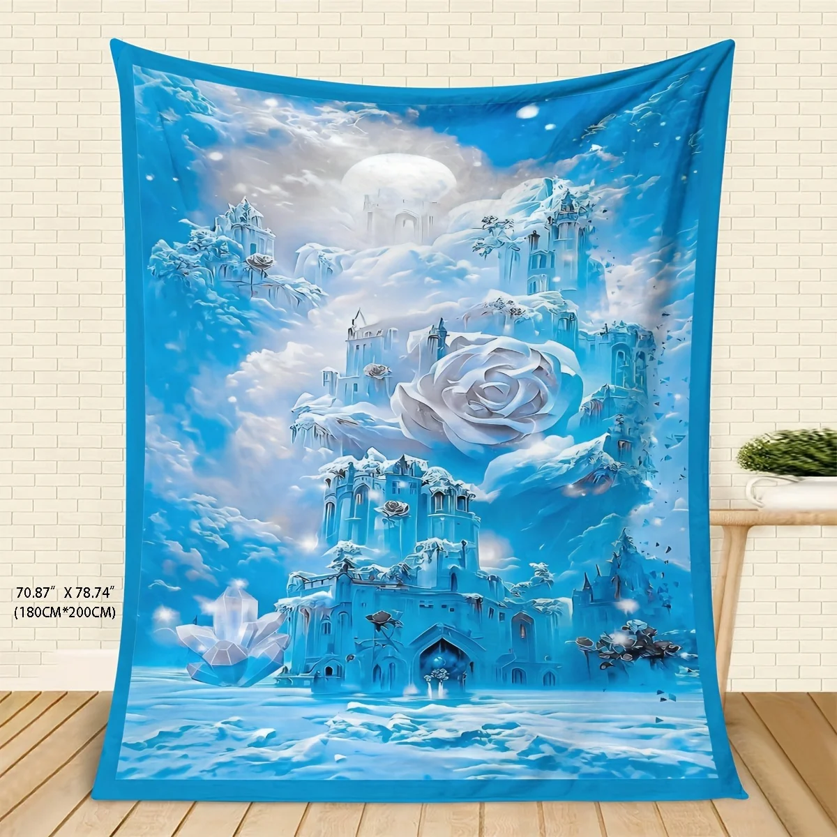 1pc Blue Fantasy Fairy Tale Castle Rose Flannel Blanket - 100% Polyester Lightweight 200-250gsm, Machine Washable All-Season Thr