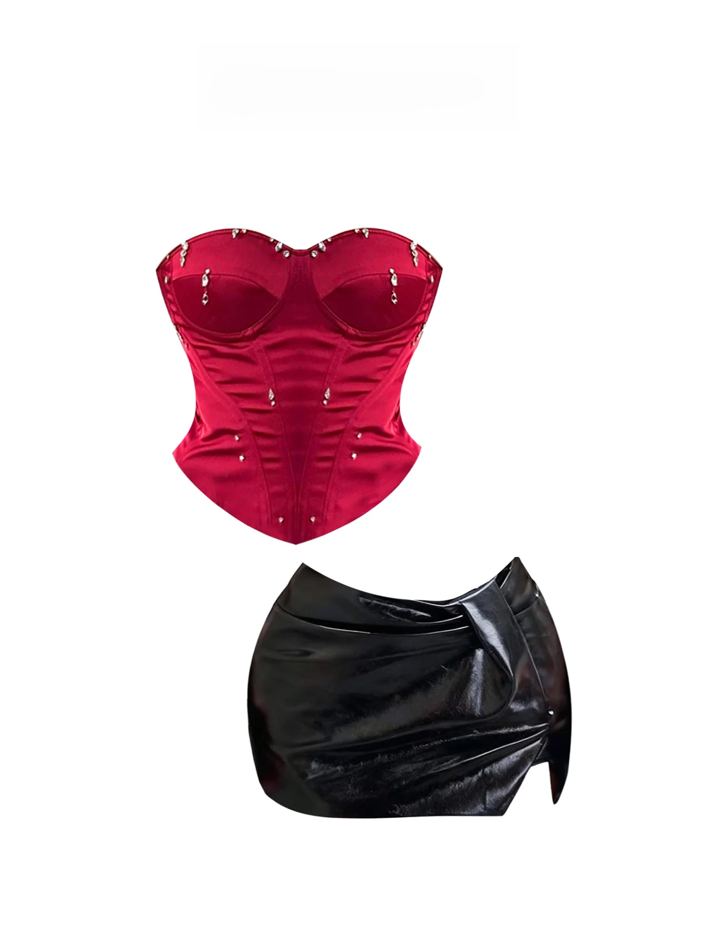 

Сексуальный комплект HEZA: укороченный топ и юбка больших размеров с красными стразами, женский осенне-зимний модный облегающий комплект с юбкой-бодикон и стразами