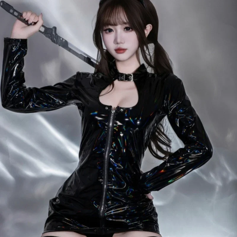 2026 قزحي الألوان ورنيش ملهى ليلي المرأة القطة بطل الليزر الجلود فستان محكم التفصيل جوارب وكيل الإناث الزي تأثيري ازياء #6