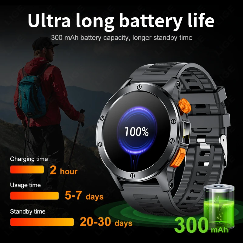 LIGE Nuovo 1.39 "Bluetooth Chiamata Astuto Della Vigilanza Degli Uomini di Sport All'aria Aperta Fitness Frequenza Cardiaca Torcia Elettrica A LED Smartwatch Per Il Telefono Android IOS